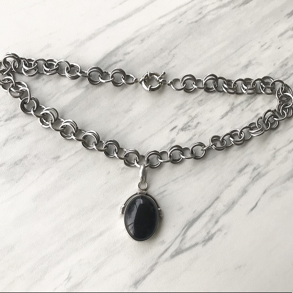 Sterling silver onyx pendant + choker steel chain - Picture 5 of 8